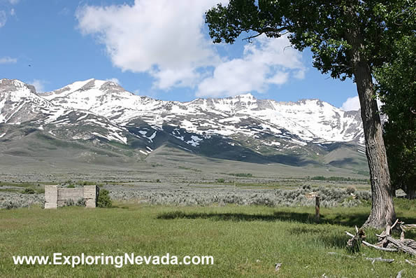 Old Building Foundation and Snowy Mountains